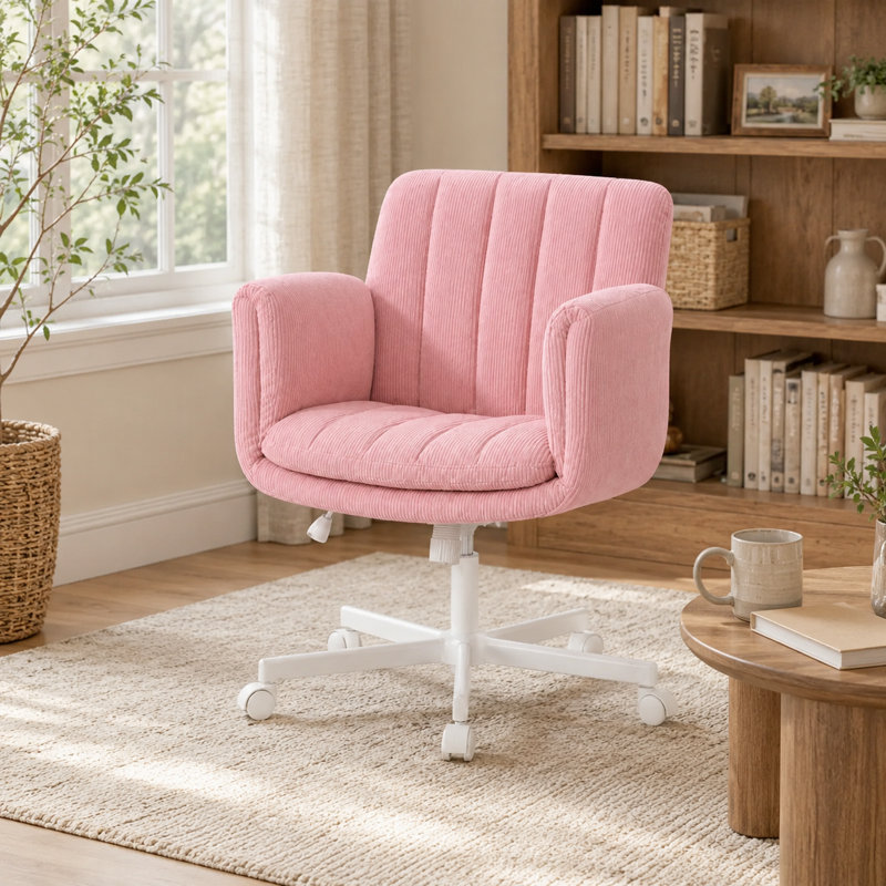 Fauteuil d'appoint moderne à large siège en velours côtelé moderne avec accoudoirs rabattables à 5 positions, hauteur réglable, dossier inclinable, pivot à 360 ° et roulettes