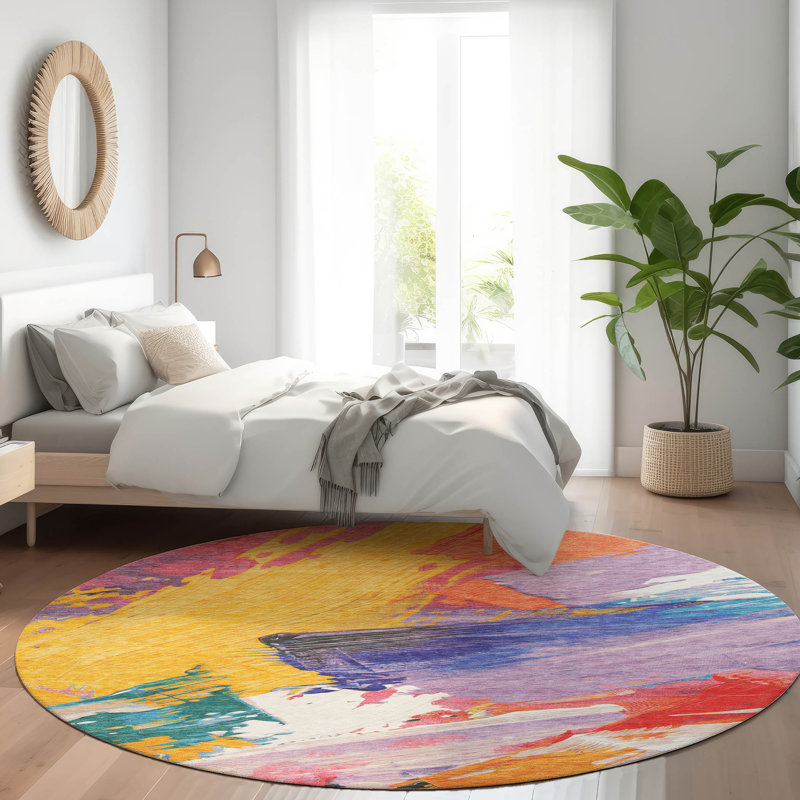 Machine Washable Indoor/Outdoor Claudian ACN1512 Gold Rug, Round 8'