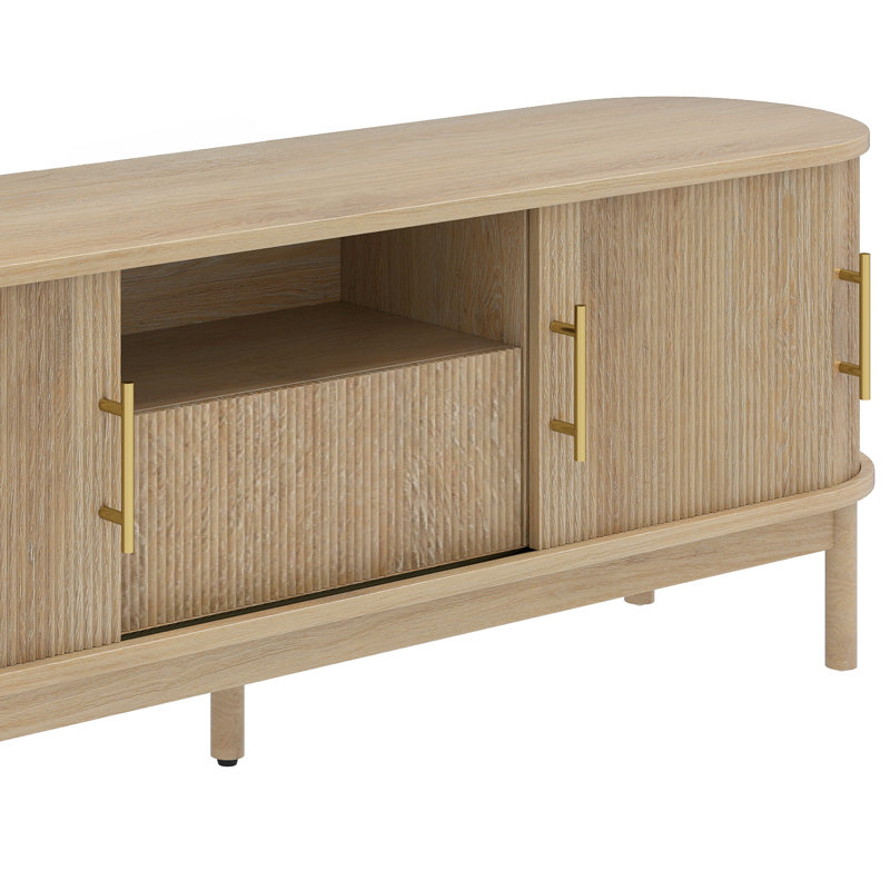 Meuble télé moderne avec cannelure et support de charge, Bois de chêne, 66" W 