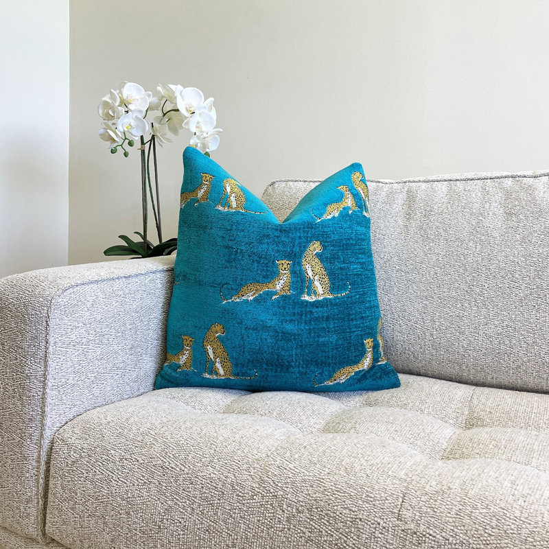 Embroidered Cheetah Chenille Throw Pillow Cover, 20" H x 20" W, Aqua