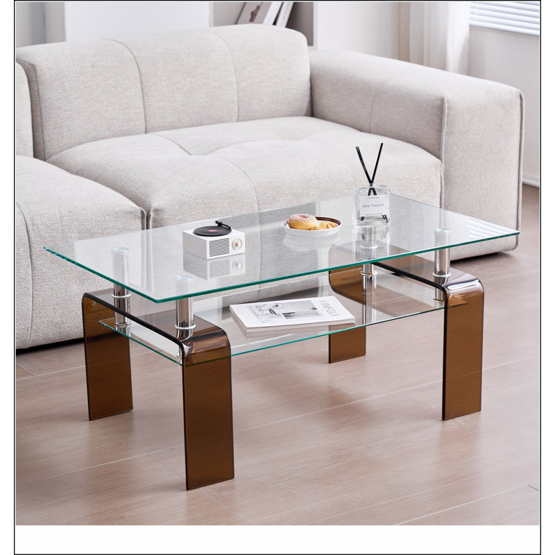 Tempered Glass Coffee Table, Modern Glass Coffee Table for Living Room, 2-Tier Storage Centre Coffee Table with Legs