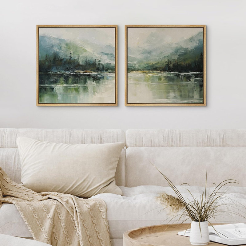 Vert, brume, montagne, réflexion, lac serein, nature, paysage, illustrations, art moderne, calme minimal, H 24 po x l 24 po