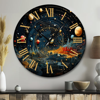 Colorful Planetary Palette II - Space Planet Golden Face Wall Clock