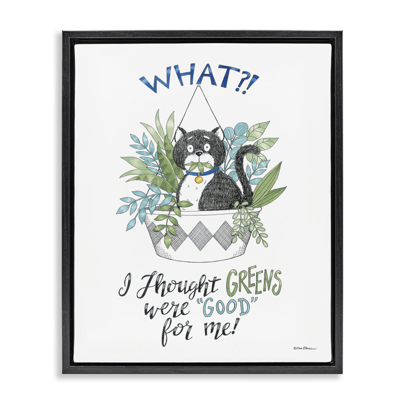 Drôle de chat mangeant une plante sur toile flottante par Deb Strain, Cadre flottant noir de jais, H 21 po x l 17 po