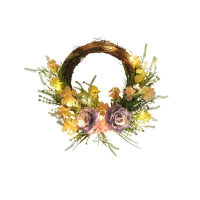 Couronne de fleurs d'hortensia artificielle, couronne florale d'hortensia avec rose, couronne de petites fleurs sauvages à feuilles vertes, couronne de printemps été pour décoration murale de mariage porte d'entrée, décorations de Noël