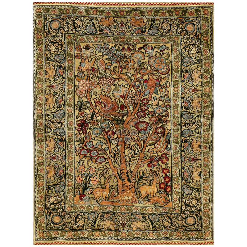 1950s Beige Floral Animal Vintage Silk Turkish Hereke Rug Handknotted Wool Carpet 2'0" x 3'0" Area Rug