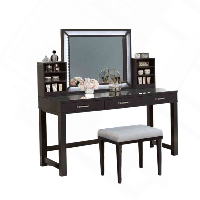 Ensemble de meuble-lavabo 1 pièce avec tabouret avec plateau de rangement en verre trempé et miroir, Mélange de gris