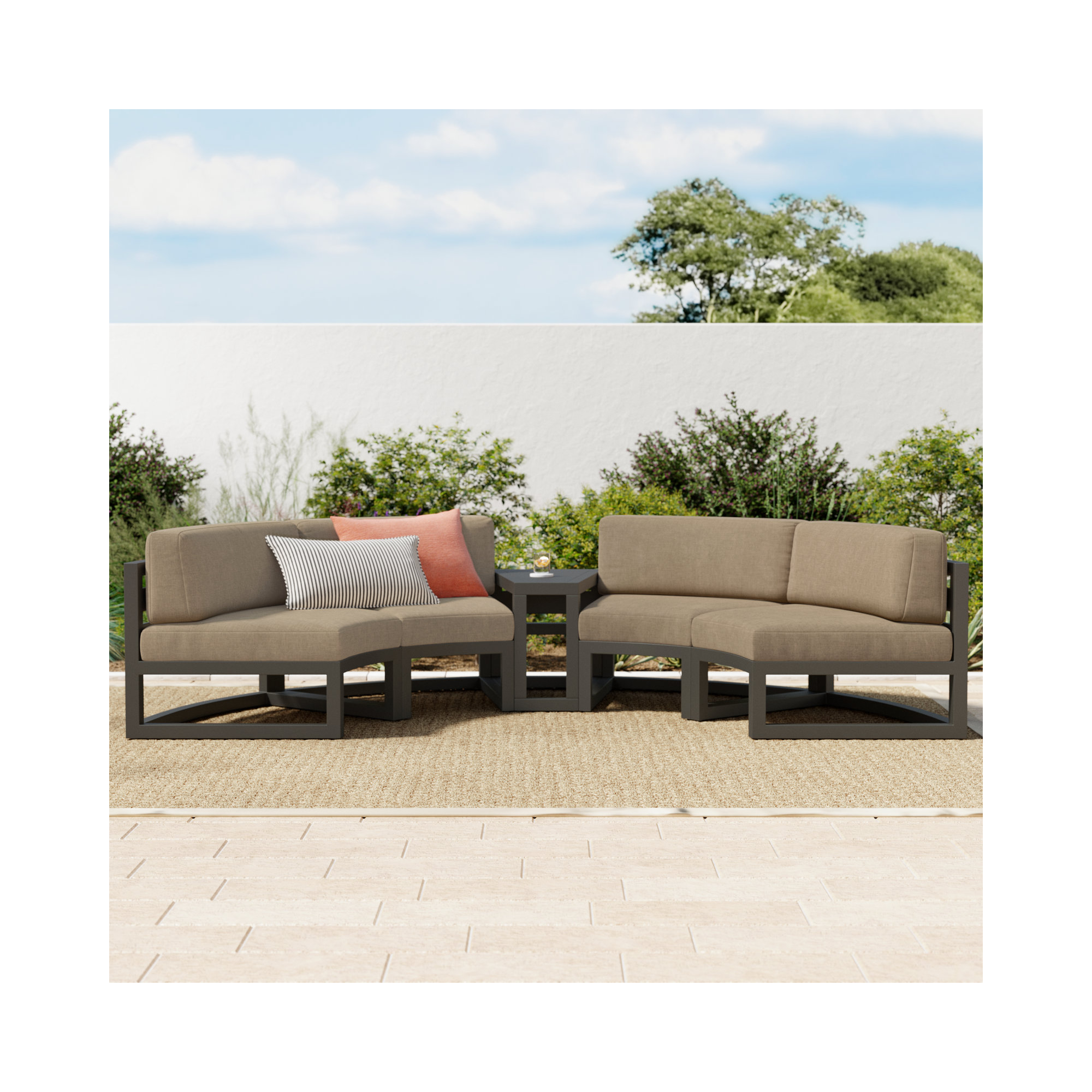 Bergeron Outdoor Curved Patio Sectional with Sunbrella Cushions, Canvas Heather Beige Sunbrella® Canvas, Slate