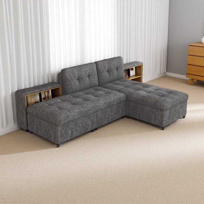 Canapé-lit modulaire 121,2 po avec deux tablettes de rangement, Chenille grise foncée