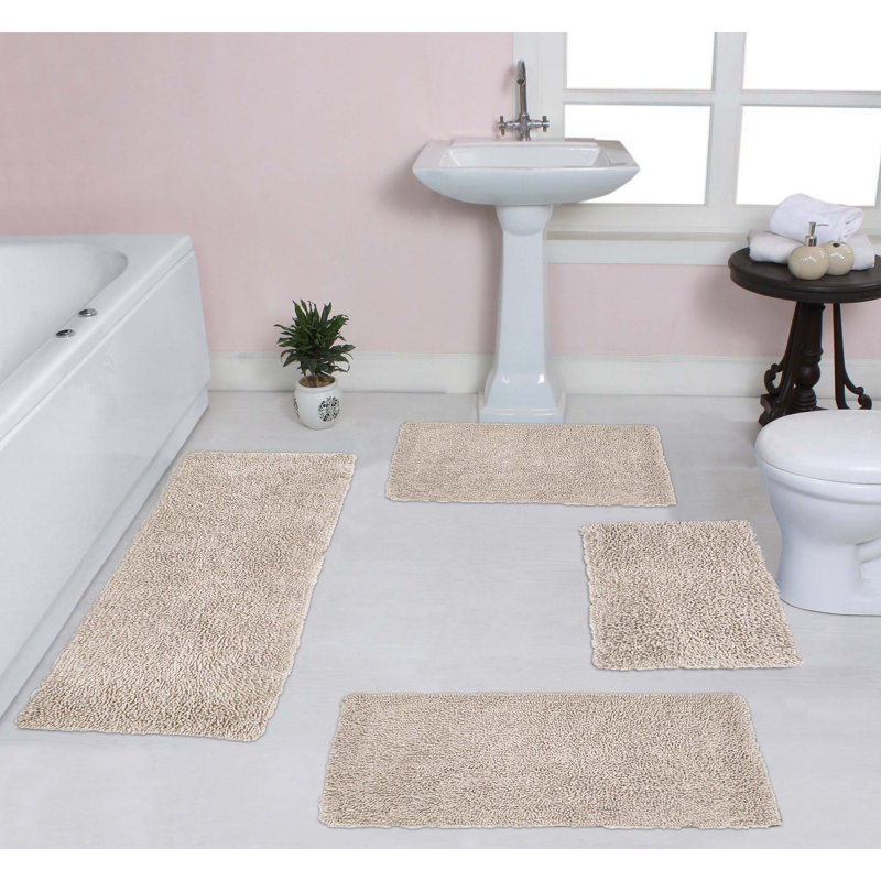 Tapis de bain 100% coton lavable à la machine Fantasia (ensemble de 4), Ivoire