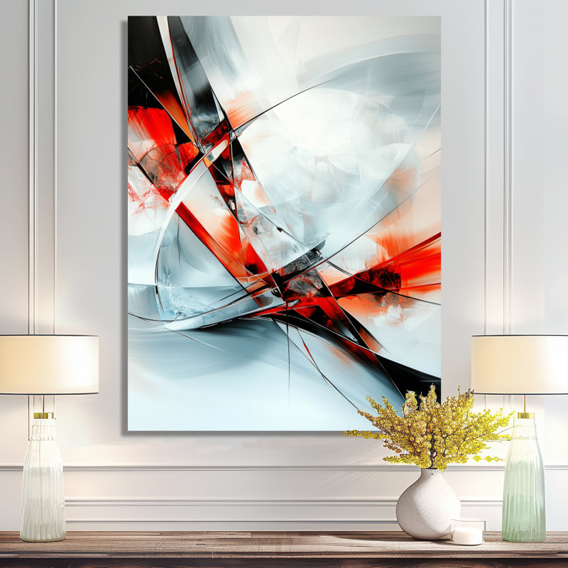 Fractal Red And White Cubist Fight I - Abstract Cubism Metal Decor, Modern Metal Print, 32" H x 16" W x 0.84" D