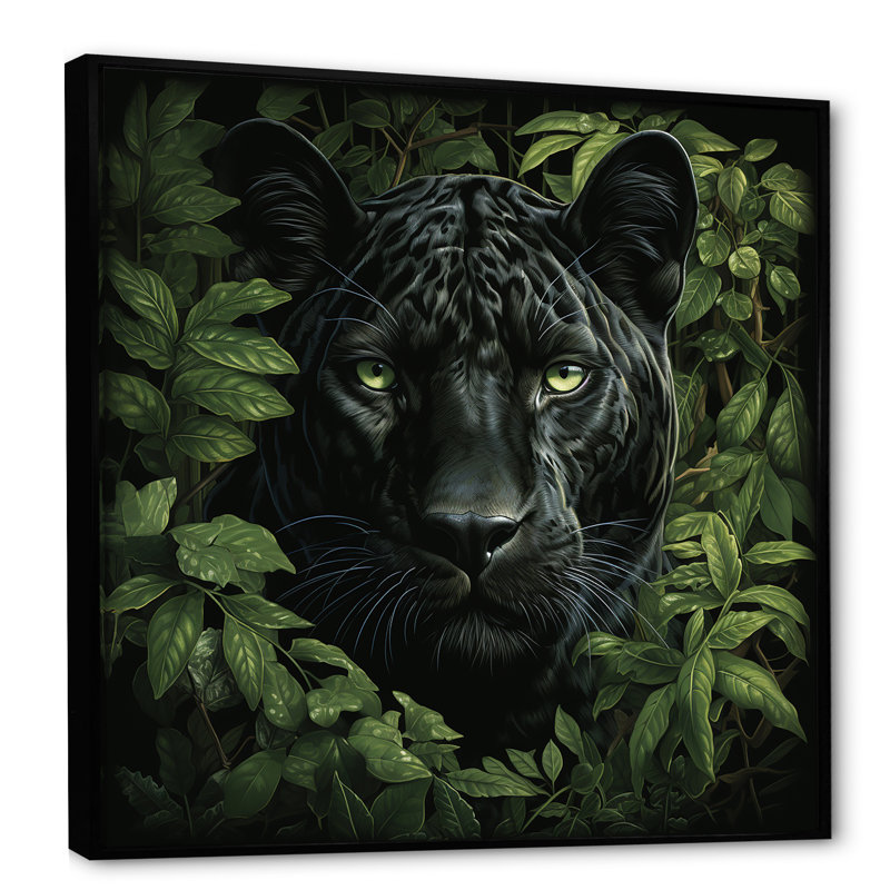 Feuillage jalonnant Panther - art mural panthère, Cadre flottant noir, H 16 po x l 16 po x P 1 po
