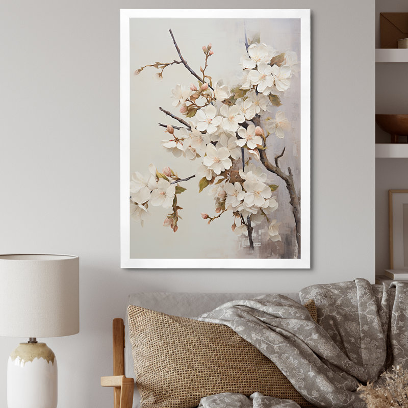 Fleur de pommier beige Senerity sur toile, H 32 po x l 16 po x P 1 po, Cadre photo blanc