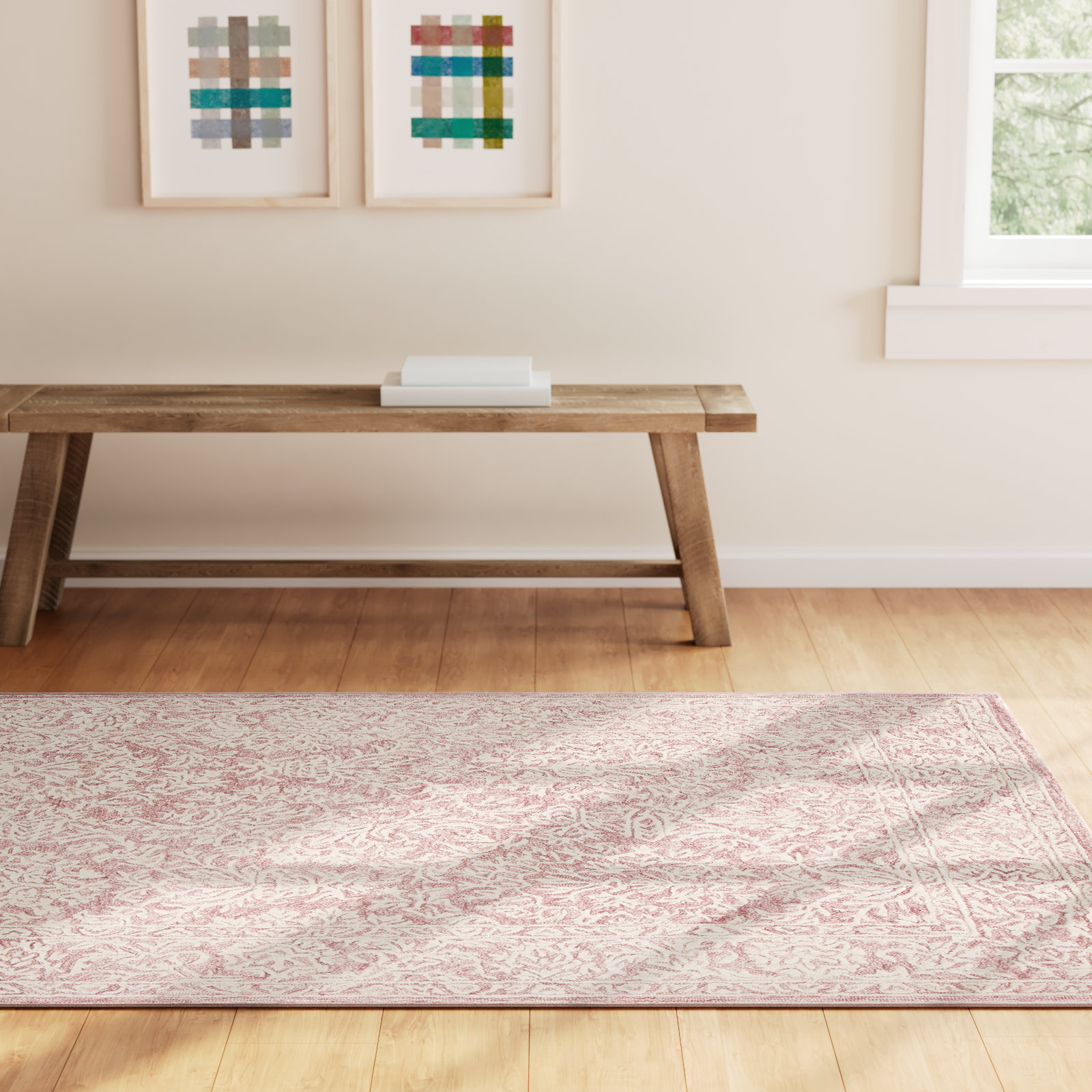 Teasdale Pink Ivory Hand-Tufted Wool Oriental Rug, Rectangle 3' x 5'