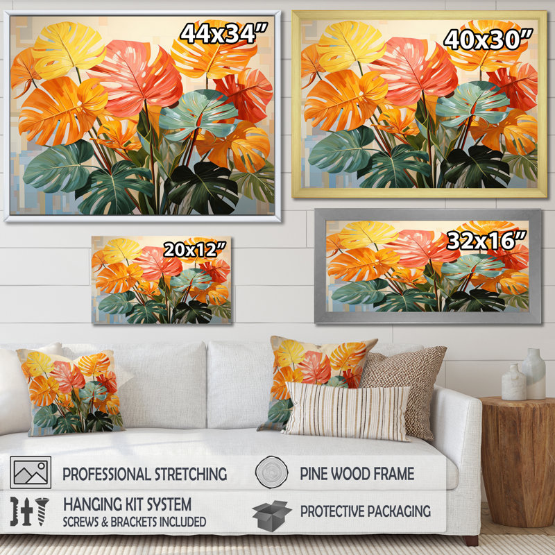 «Orange Green Tropical Plants I» sur toile, H 12 po x l 20 po x P 1 po, Cadre flottant doré