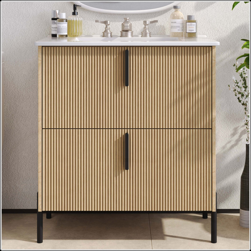 Meuble-lavabo de 30 pouces avec lavabo en céramique, tiroirs pleine extension et conception cannelée pour un rangement élégant