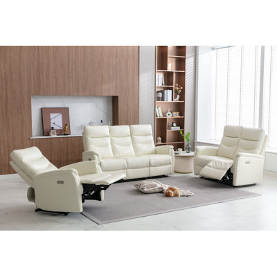Ensemble de salon inclinable électrique en cuir véritable 3 pièces avec port USB (fauteuil inclinable, causeuse et canapé) Rhon