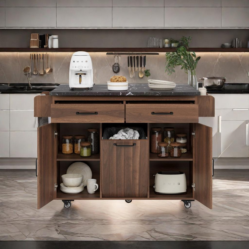 Charlis Wood Kitchen Cart, Black, Walnut Brown