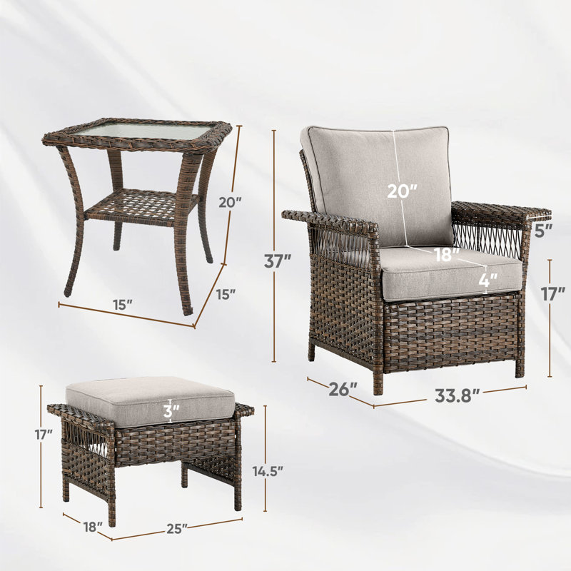 Chaises d'extérieur en osier toutes saisons avec repose-pieds et table d'appoint, Beige