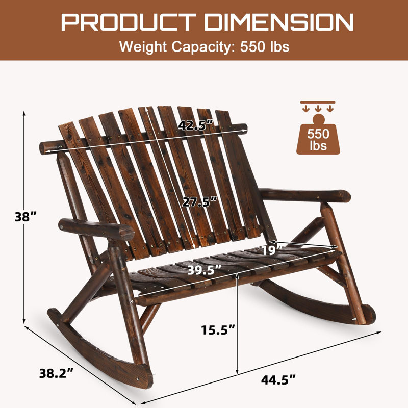 Rustic Carbonized Wood 2-Person Outdoor Rocking Bench