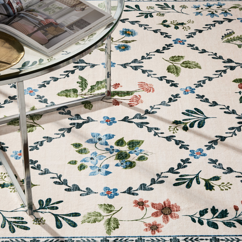 Tapis lavable à la machine EVERWASH Haven Floral Trellis avec technologie AirFlo, 8 pi x 10 pi, 8 x 10, Ivoire ivoire