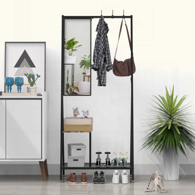 Coat Rack With Mirror, Multifunctional Hall Tree With Shoe Storage, Aluminum Frame, For Living Room Bedroom, Industrial Style by 17 Stories