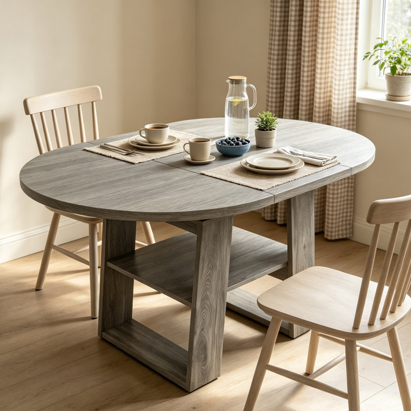 Table de salle à manger extensible grise pour 4 à 6 personnes, table de cuisine ronde à ovale avec rallonge rabattable intégrée, base stable en H et tablette de rangement