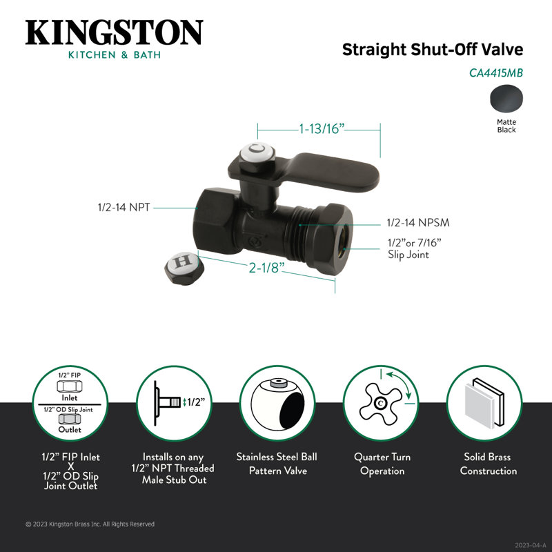 Kingston Brass Whitaker 1/2-Inch FIP x 1/2 or 7/16-Inch Slip Joint Quarter-Turn Straight Stop Valve, Matte Black
