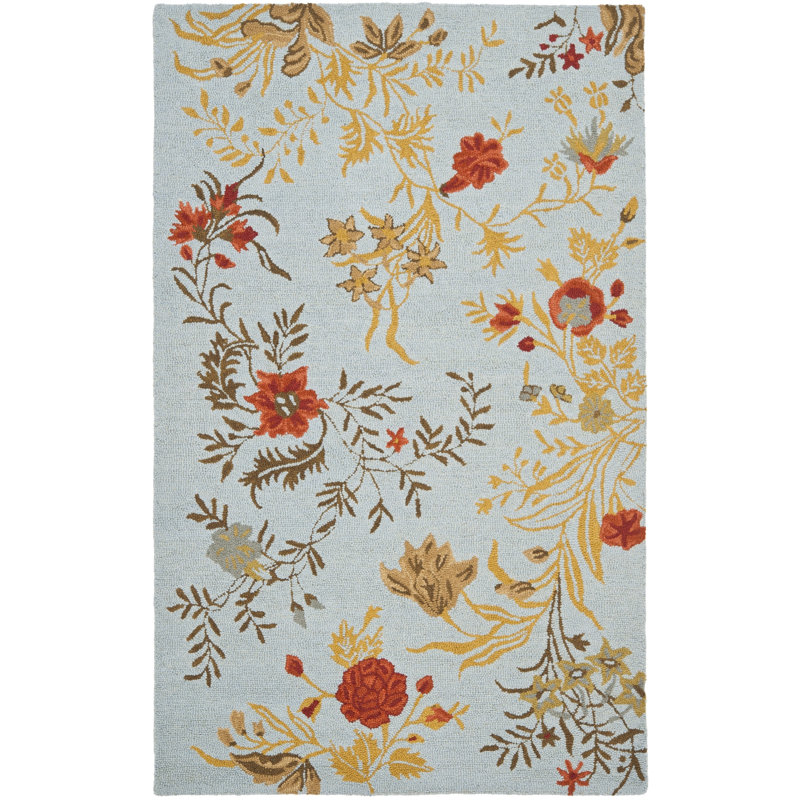 Emrick Hand Hooked Wool/Cotton/Latex Floral Rug in Blue, Rectangle 2' x 3'