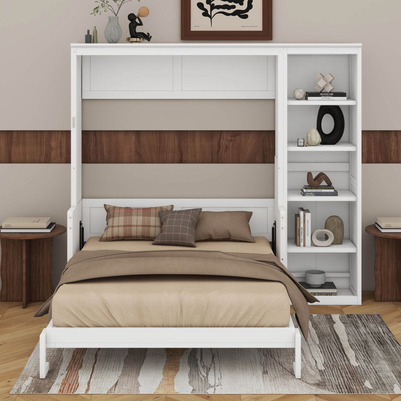 Lit escamotable double avec bureau et bibliothèque, Blanc