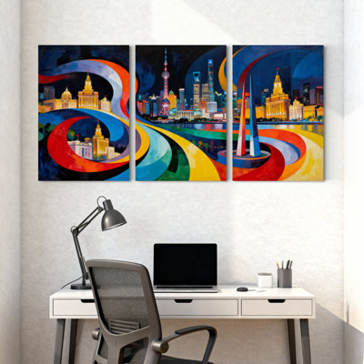 Ensemble de 3 impressions sur toile, villes et pays, tourbillons et reflets abstraits