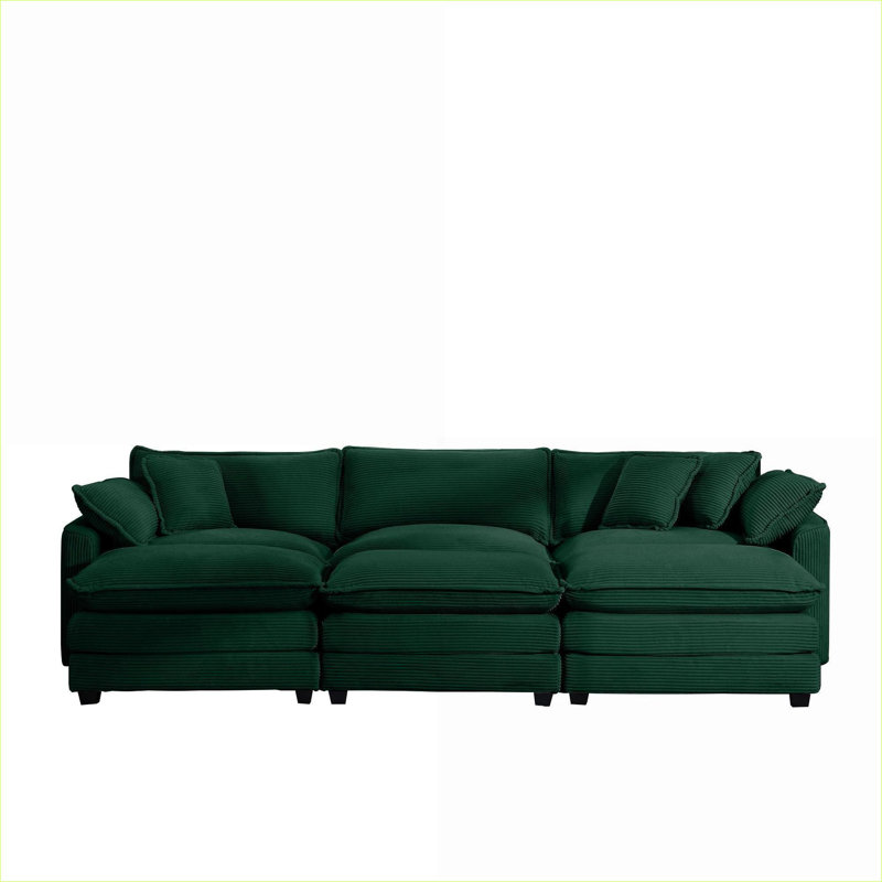 Canapé modulaire rembourré avec 3 repose-pieds et coussins Micah, Velours côtelé vert