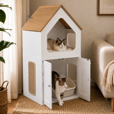 Enceinte de litière en forme de toit avec maisonnette pour chat, patin à griffes et marches latérales, litière cachée en bois avec portes doubles, armoire pour animaux intérieure