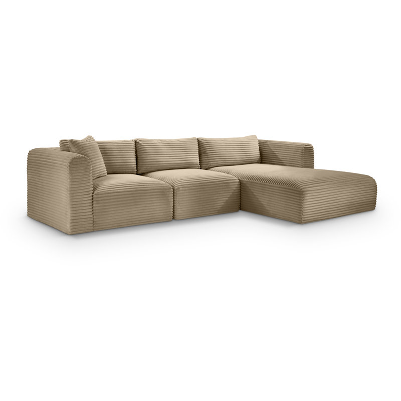 Carmean Corduroy Performance Fabric L-Shaped Modular Sectional, Taupe Furry Textured Corduroy Fabric