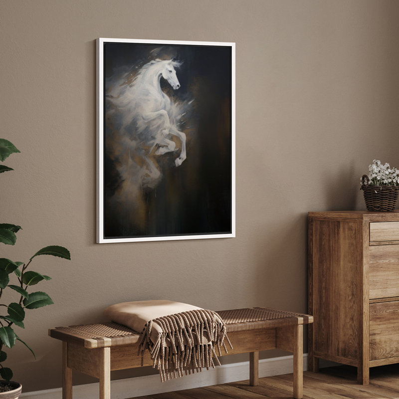Impression sur toile majestueuse cheval blanc - Décor équestre dramatique pour chambre à coucher ou bureau, H 24 po x l 16 po