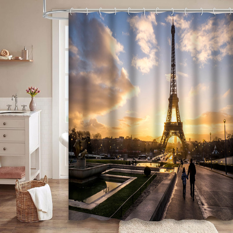 Rideau de douche Eiffel Tower Sunrise Blue Sky Paris avec 12 crochets, L 72 po x l 78 po