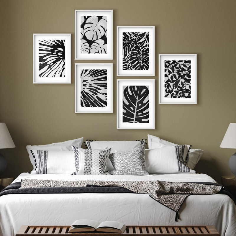 Art mural encadré, ensemble de décors de galerie, motifs de feuilles botaniques minimalistes en noir et blanc, décorations modernes pour salon, chambre à coucher, bureau