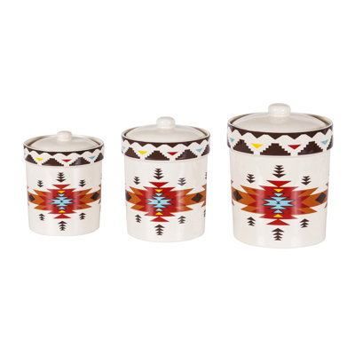 Del Sol Tan/Brown/Red Aztec Print Ceramic Southwestern Style 3 Piece Kitchen Canister Set