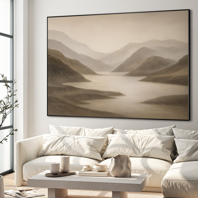 Extra Large Wall Art Fabric Print - Modern Neutral Abstract Landscape for Contemporary Home Artwork Decor for Living Room or Bedroom - "Frame Assembly Required (Unfinished Frame)"