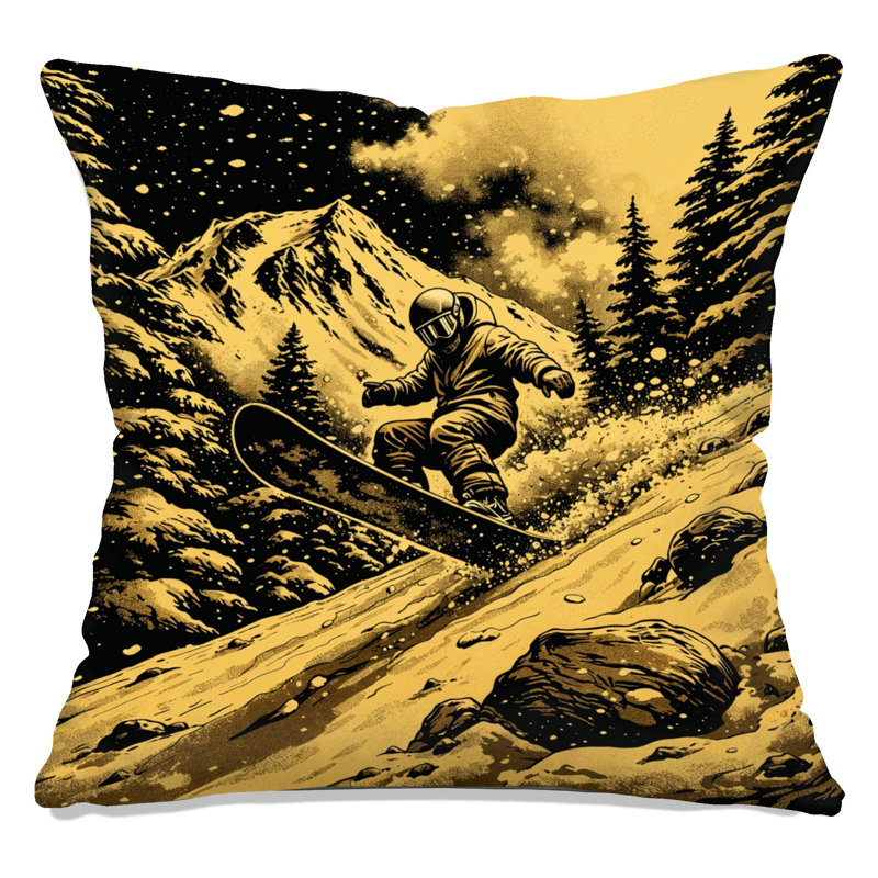 Coussins décoratifs Snowboarder On Mountain, 14 X 14 pouces, Or foncé noir