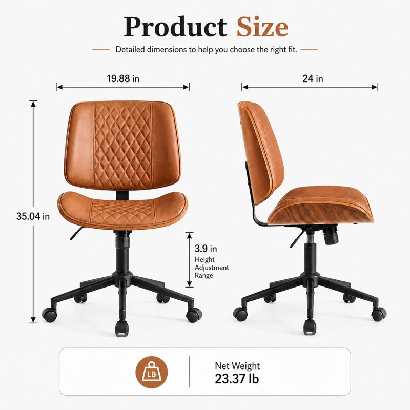 Chaise de bureau moderne capitonnée à hauteur réglable, style milieu du siècle, sans accoudoirs, en similicuir, structure en bois courbé, marron