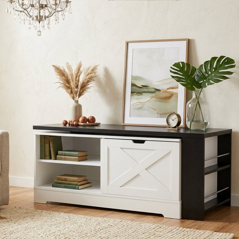 Table basse à plateau relevable Farmhouse avec portes de grange, grand espace de rangement caché, supports latéraux et tablettes ouvertes