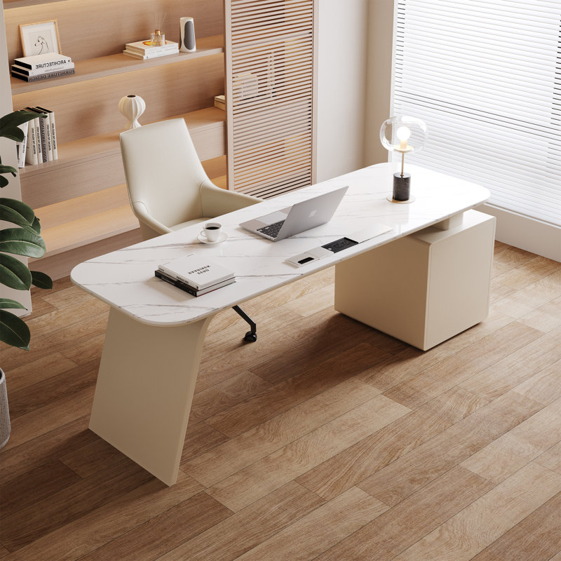 Luxury Marble Top Executive Desk With 3 Drawers And Multi-Outlet Hub For Efficient Home Office, 29.5" H x 70.87" W x 27.5" D