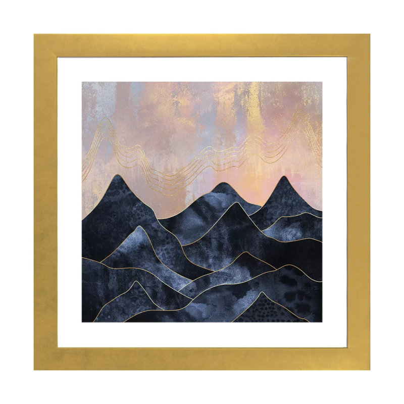 Impression d’art graphique, "mountainscape I" par Elisabeth Fredriksson, Papier encadré doré, Blanc