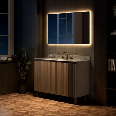 Meuble-lavabo sur pied cannelé de 122 cm (48 po) avec lavabo, comptoir en granit naturel et lavabo encastré en céramique, 3 trous prépercés pour robinetterie, armoire en chêne ancien.