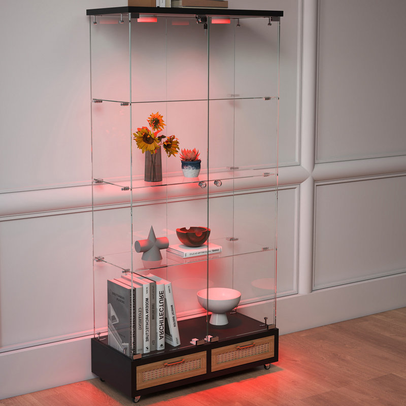 Vitrine moderne en verre avec grands tiroirs, Naturel/noir