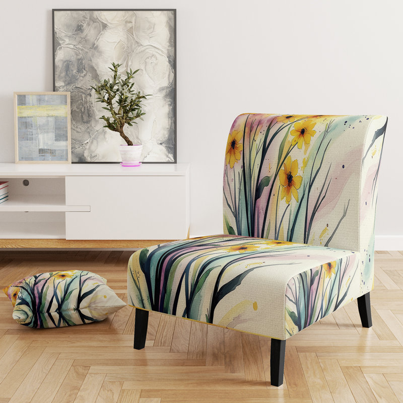 Abstract Flowers - Traditional Upholstered Slipper Chair, Yellow/Green