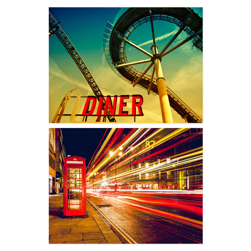 Roller Coaster Urban Park Aesthetic Landscape - 2 Piece No Frame Print Set, 29.7cm H x 21cm W x 0.4cm D