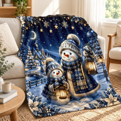 1Pcs Winter Snowman Family Cozy Fleece Blanket, Warm and Fluffy Throw for Sofa Couch Bed, Outdoor Camping Travel, Seasonal Home Decor Gift