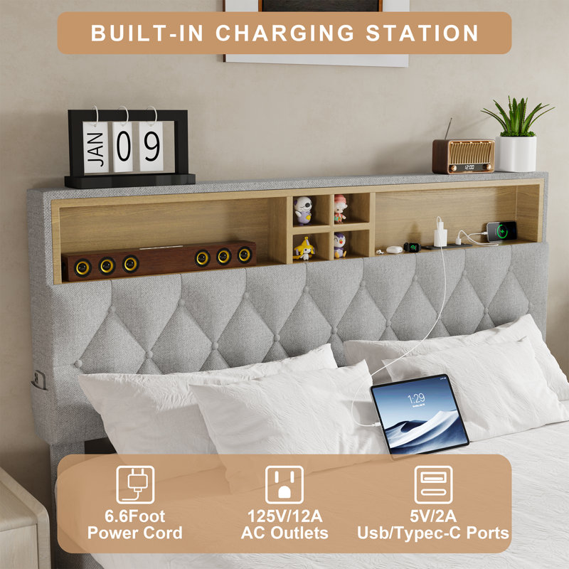 Bed Frame with Adjustable 2-Tier Storage Headboard and Charging Station, Solid Metal Platform Bed Frame, Noise-Free, No Box Spring Needed, Easy to Assemble